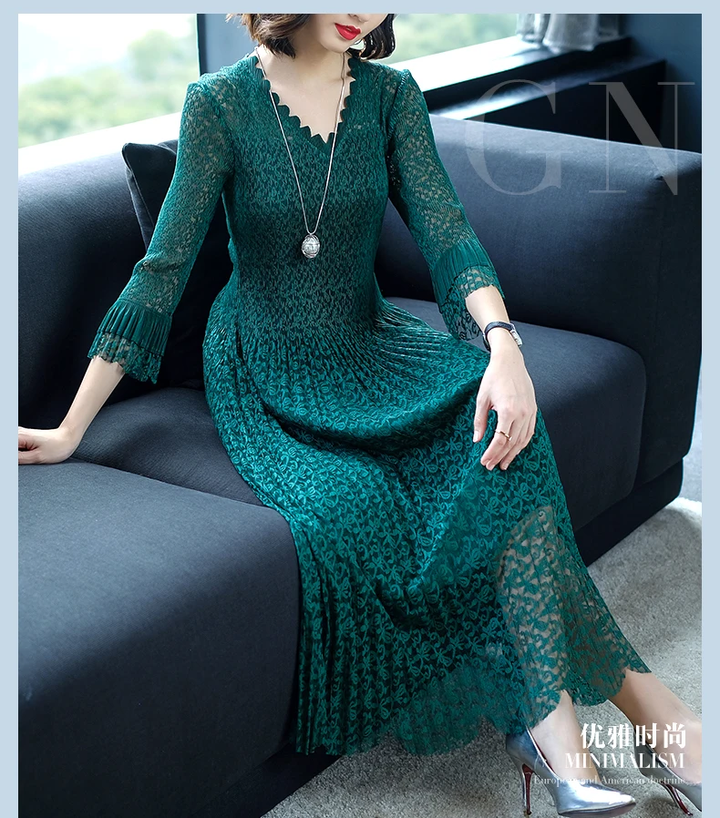 Azterumi женское элегантное плиссированное платье с v-образным вырезом ВЕСНА Новинка женское платье трапециевидной формы с расклешенными рукавами Черное синее зеленое Бордовое платье