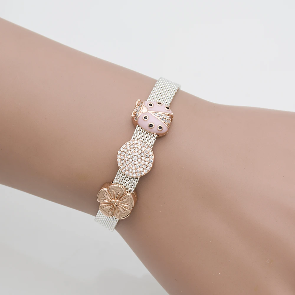 

Rose gold charm beads Card buckle Wide bracelet beetle flower Reflexions fashion logo