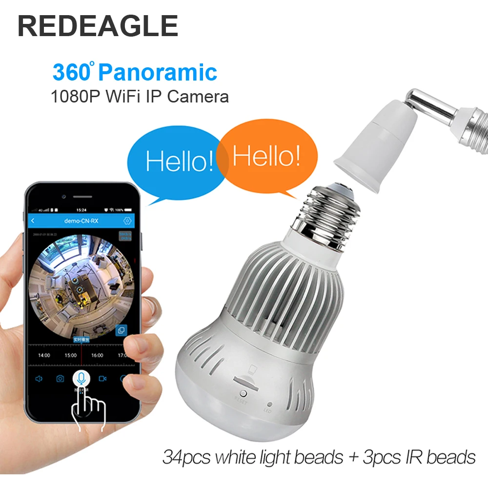 REDEAGLE Светодиодная лампа 360 градусов камера видеонаблюдения 1080P IP WiFi Беспроводная