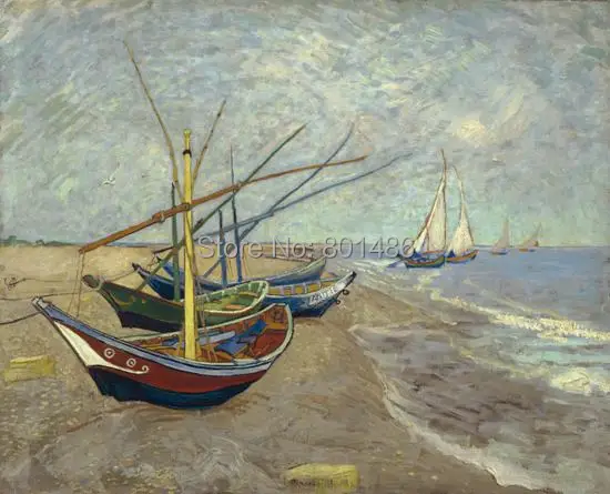 

fishing boats on the beach at les saintes-maries-de-la-mer pr- Vicent Van Gogh print painting on canvas for wall art decoration
