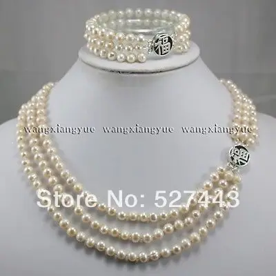 

Wholesale 3Rows 7-8mm White Akoya Cultured Pearl Silver Clasp Necklace Bracelet set