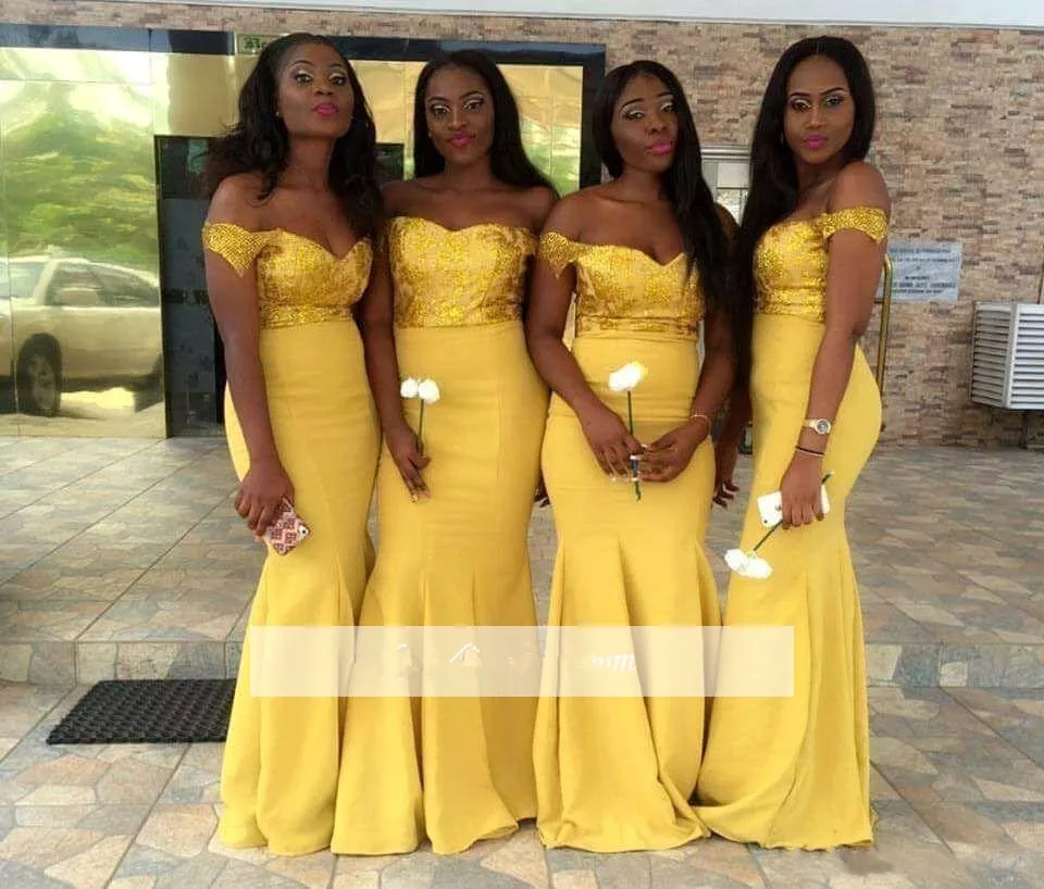 

Yellow 2019 Cheap Bridesmaid Dresses Under 50 Mermaid Off The Shoulder Chiffon Lace Long Wedding Party Dresses For Women