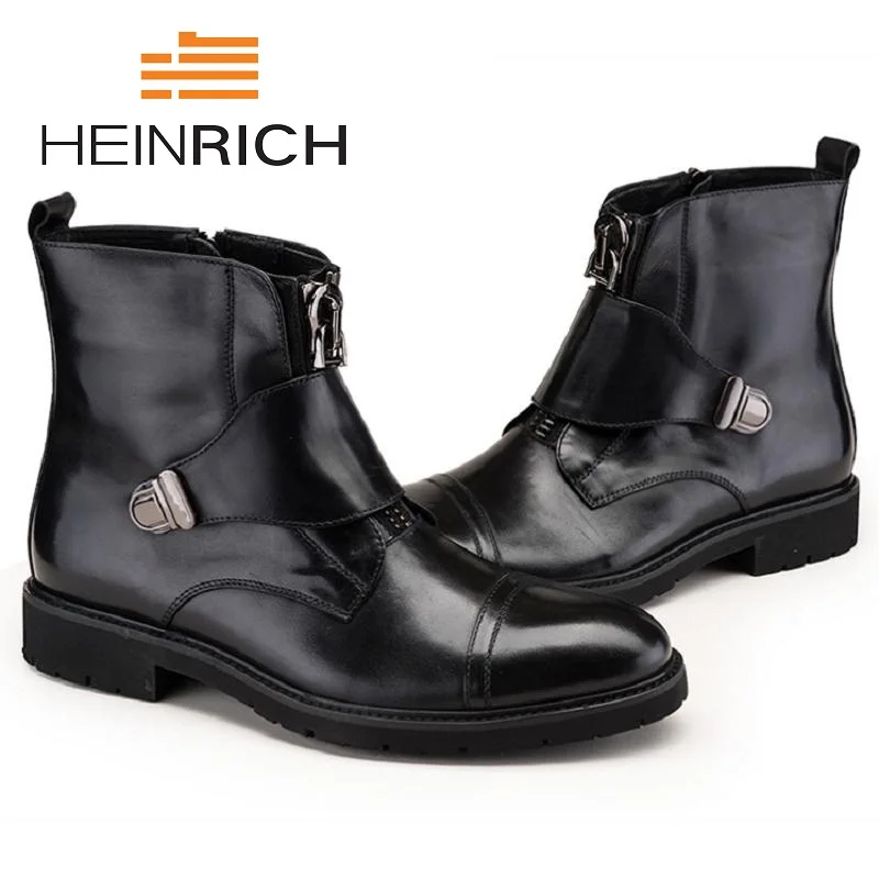 HEINRICH Black Men Leather Boots Winter Men Motorcycle Boots Zipper Soft Leather Men Ankle Boots Military Boots Stivaletti Uomo