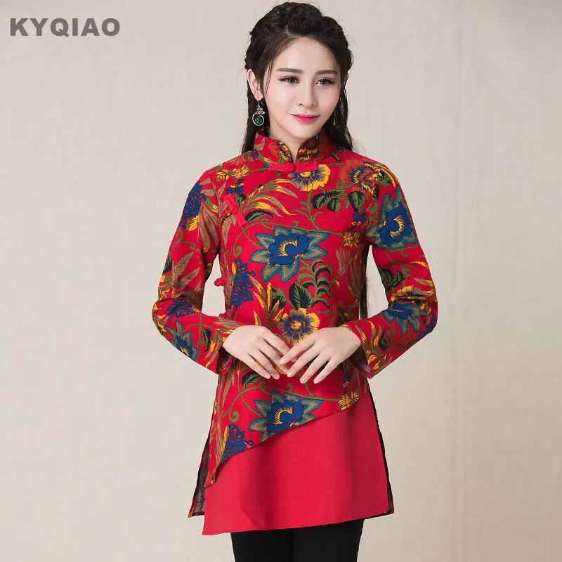 Collar Étnicos Rojo Verde Camisa Mandarin Ropa 2019 Larga Chino Blusa Mujeres Elegante Kyqiao Verde Primavera rojo Manga Tienda De Estampado qfvwZnO8