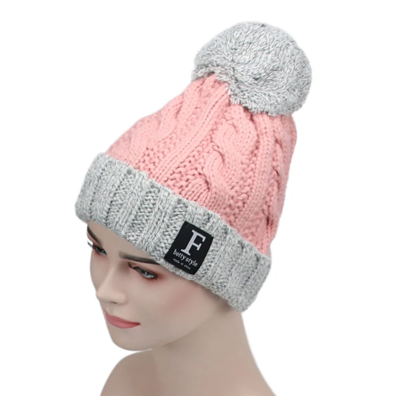 Winter Keep Warm Knitted Hat Women Outdoor Warm Double Color Cap Female Creative Pompom Decoration Cap Beanies - Цвет: Pink