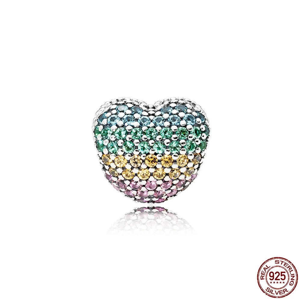

925 Sterling Silver Beads Multi-colour Pave Open My Heart Clip Charms fit Original Pandora Bracelets Women DIY Jewelry