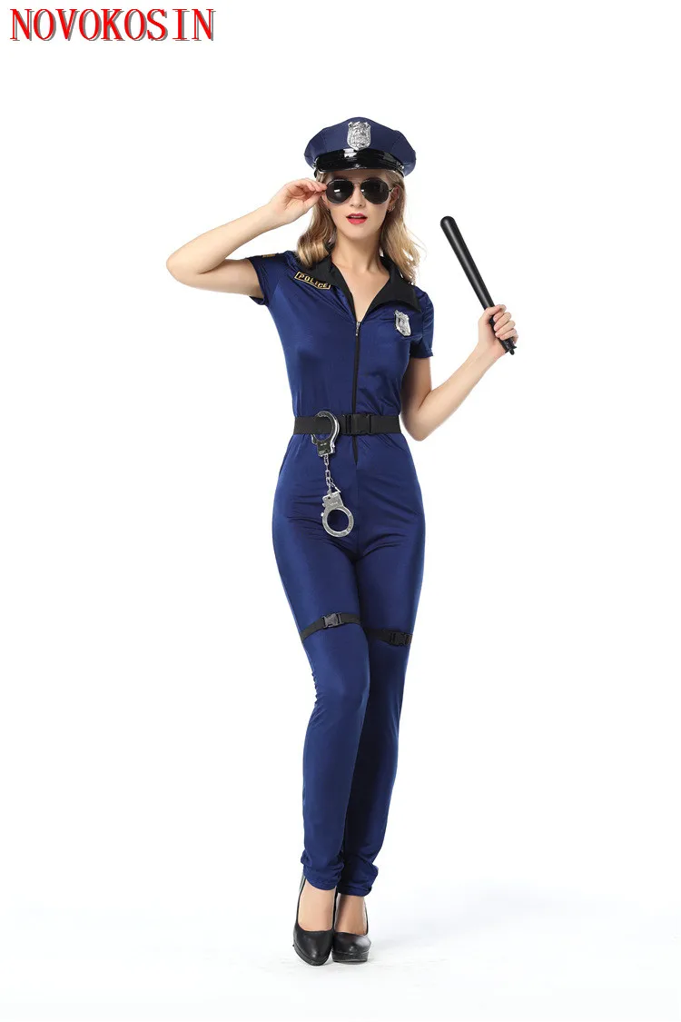 QY123 2018 Lady Sleeveless Policewomen Jumpsuit Fancy Halloween Rompers