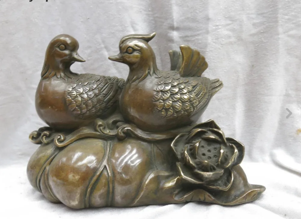 

671115479++++10" China brass carved copper fine love Lotus mandarin duck sculpture Statue