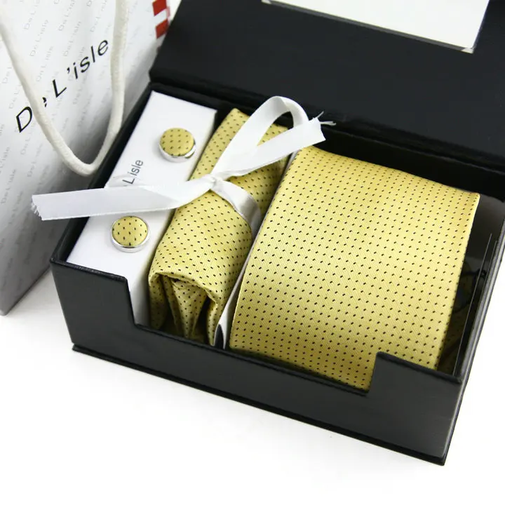 Премиум нано водонепроницаемая ткань жаккардовый галстук запонки Hanky подарочный набор роскошный подарок с подарочной коробкой и сумочкой - Цвет: RICH GOLDEN