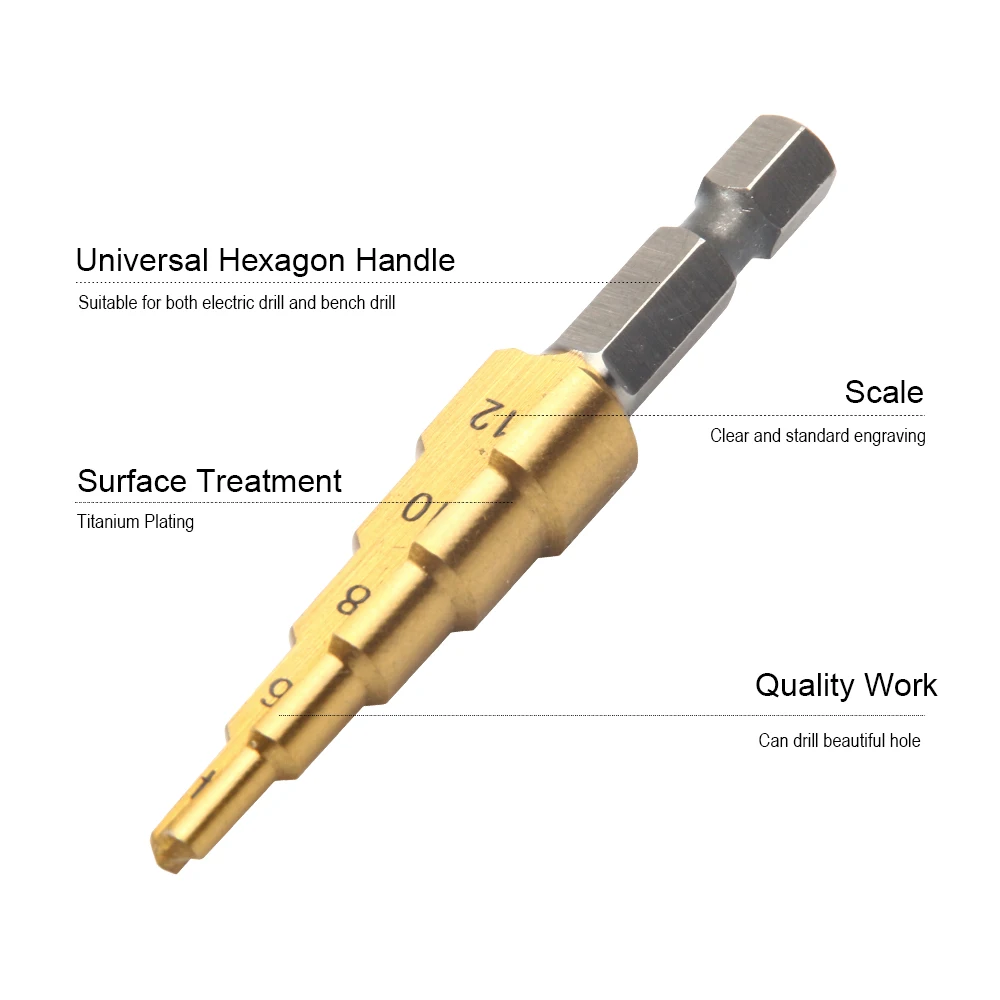 Jelbo 1PC Hex Handle 4-12mm Step Drill Bit Cone Drill Bit Set High Speed Steel Titanium Coated Step Drill Hand Tool Jelbo 1PC Hex Handle 4-12mm Step Drill Bit Cone Drill Bit Set High Speed Steel Titanium Coated Step Drill Hand Tool