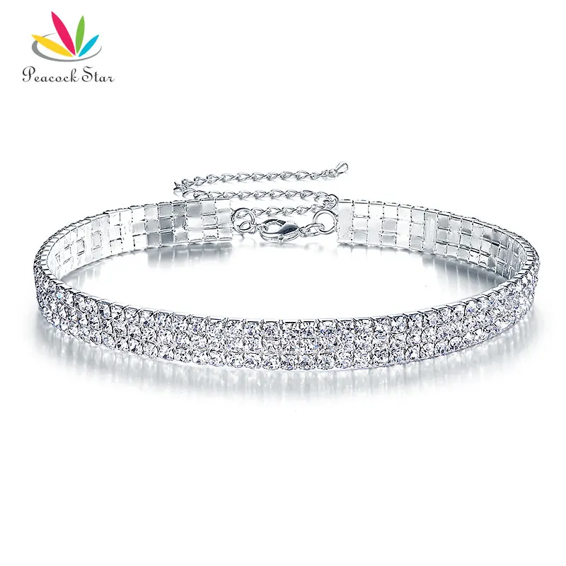 

Peacock Star Wedding Party Prom 3 Row Stretch Rhinestone Choker Necklace w/ Elastic Cord Elegant CC002