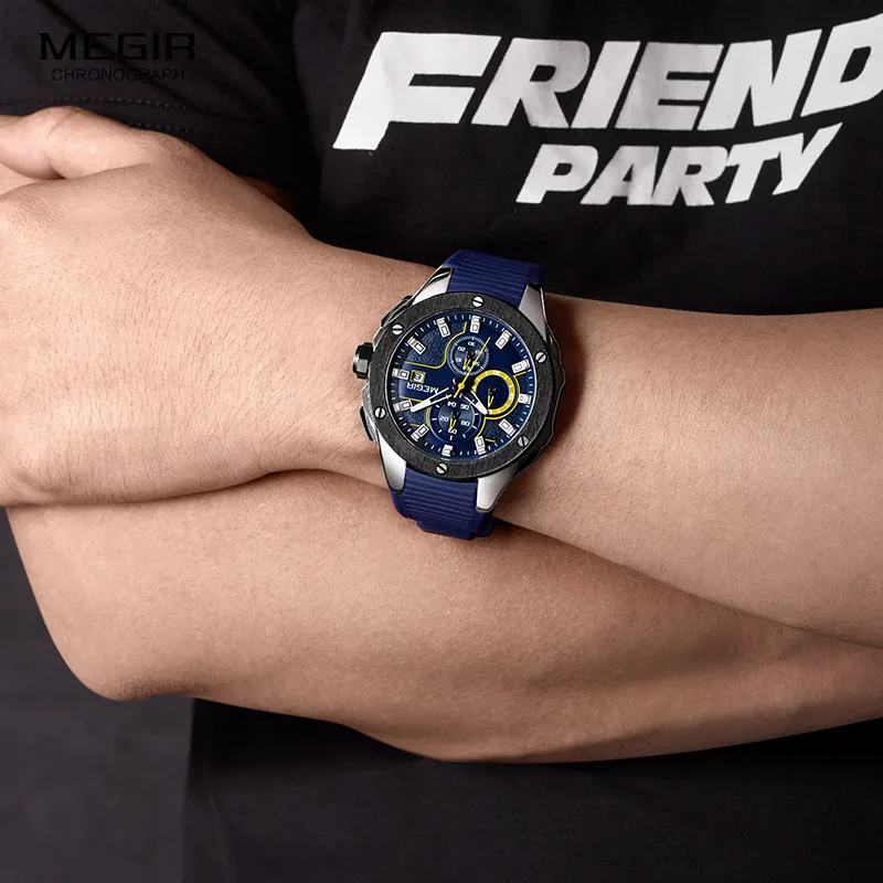 Megir-esportes Homens Cronógrafo Quartzo Relógios Pulseira de Silicone Luminoso Impermeável Relógio de Pulso Militar do Exército Azul 2053 - Image 4