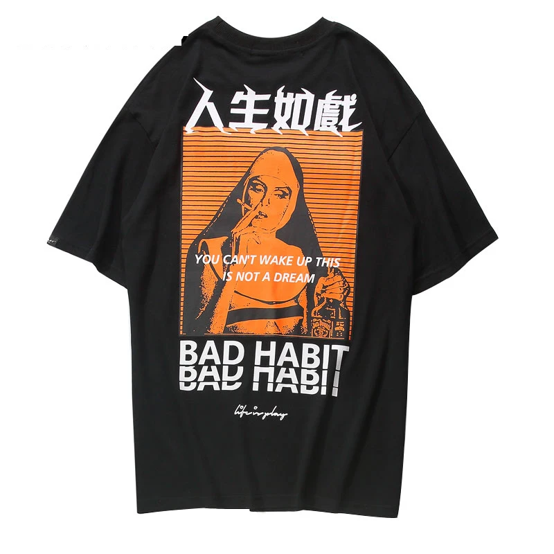 

UplzCoo 2019 Hip Hop Smoking Sister Image Chinese style T-Shirt Harajuku Oversied Short Men Women Streetwear Black T-shirt JA118