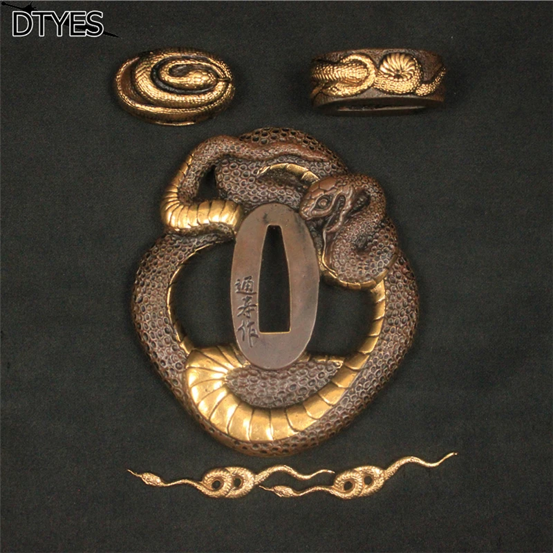 Beautiful Real Japanese Katana Sword Fittings Set Gold Plate Snake