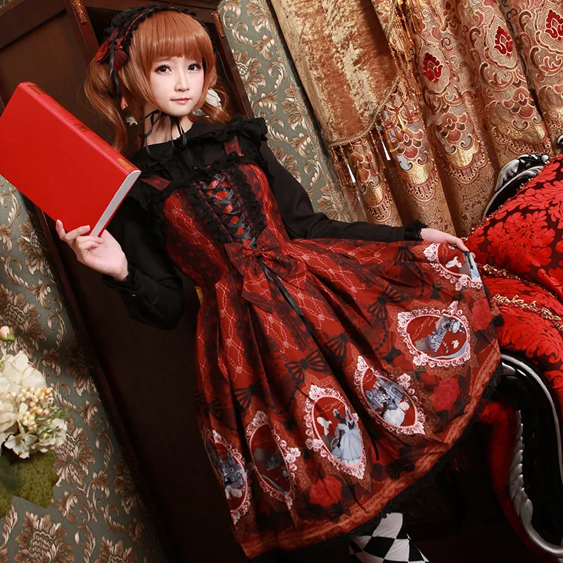 

japanese sweet lolita dress retro lace bowknot cute printing victorian dress kawaii girl gothic dress loli cos gothic lolita jsk