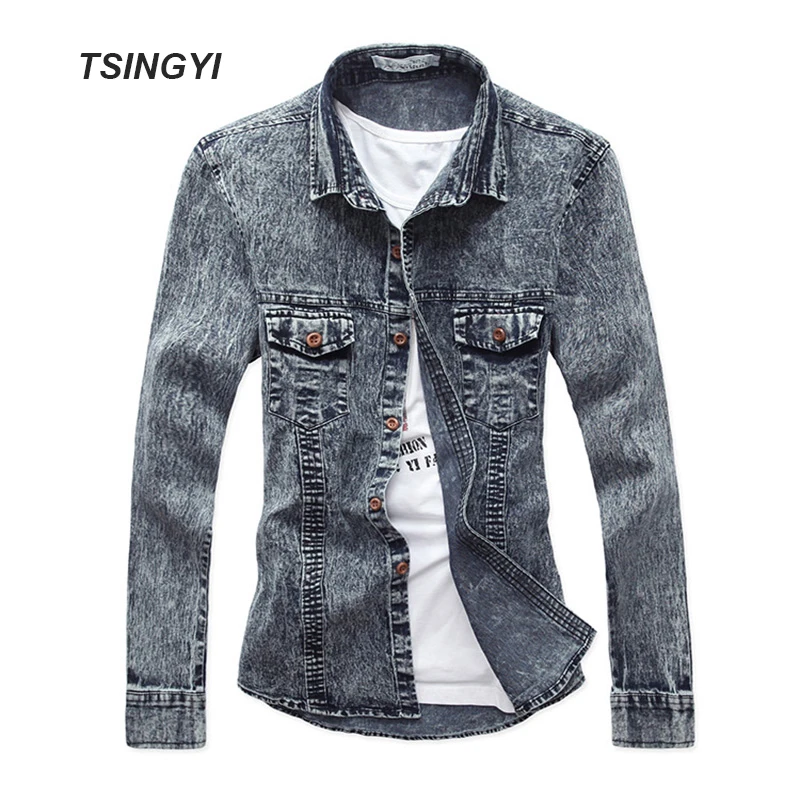 Tsingyi Retro Snow Washed Men Denim Jacket Dark Grey Jeans jackets Men