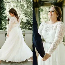 Размера плюс свадебное платье трапециевидной формы с кружевной аппликацией и длинными рукавами, шифоновое сексуальное свадебное платье на заказ с открытой спиной, Vestido De Novia