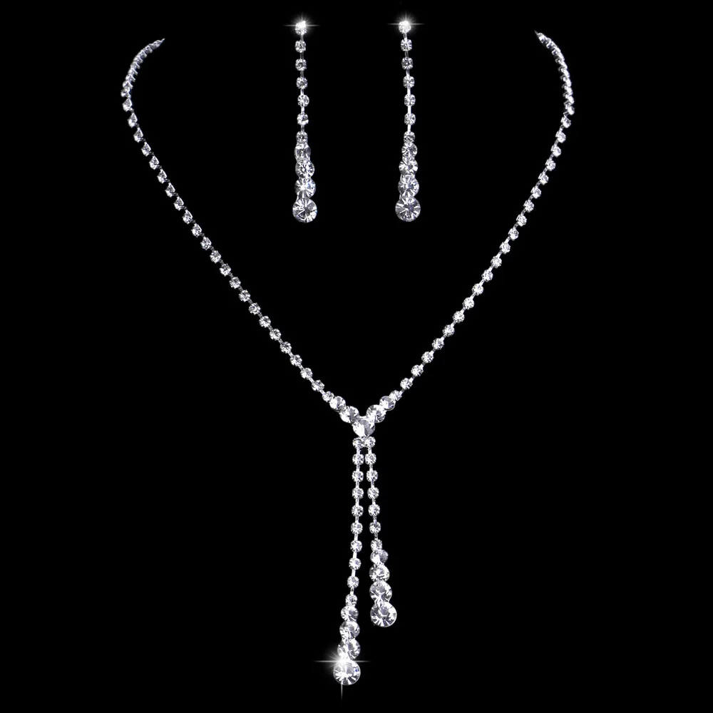 

Fashion Silver Plated Brides Crystal Jewelry Set Long Tassel Drop Necklace Earrings Set Bridal Bridesmaid Wedding Jewelry Sets