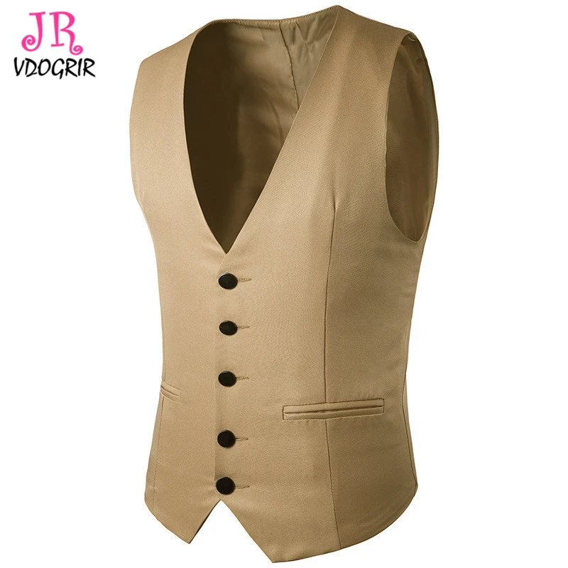 Men's Suit Fabric Vest V neck Khaki Color With Pocket Back Adjustable