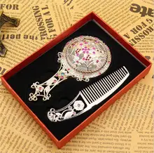 2016 maquillaje espejo Retro crystal flowers Metal Portable mirror comb set makeup mirror Cosmetic Make Up mirror birthday gift
