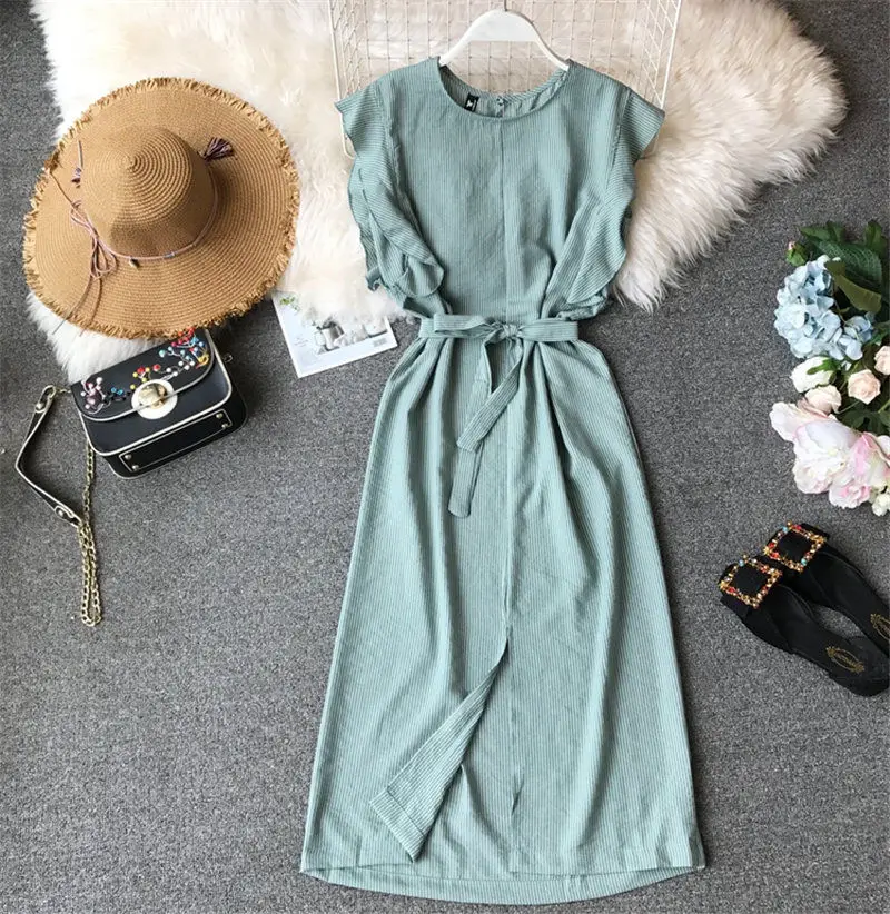 

LUOSHA Women 2019 Summer Striped Sleeveless Ruffles Straight One Step Long Dress Women Split Slim Casual Dresses Female Vestidos