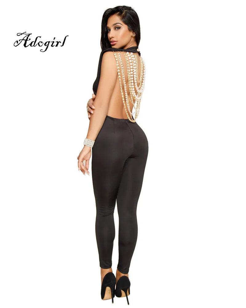 Adogirl 2018 Spring Sexy Back Pearl Chain Women Jumpsuit Black-1