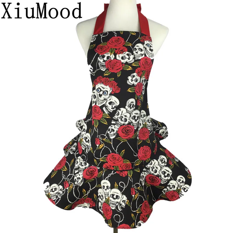 

XiuMood Halloween skull Featured Funny Aprons For Woman Black Cotton Canvas Adult Bib For Party Floral Apron With Pocket