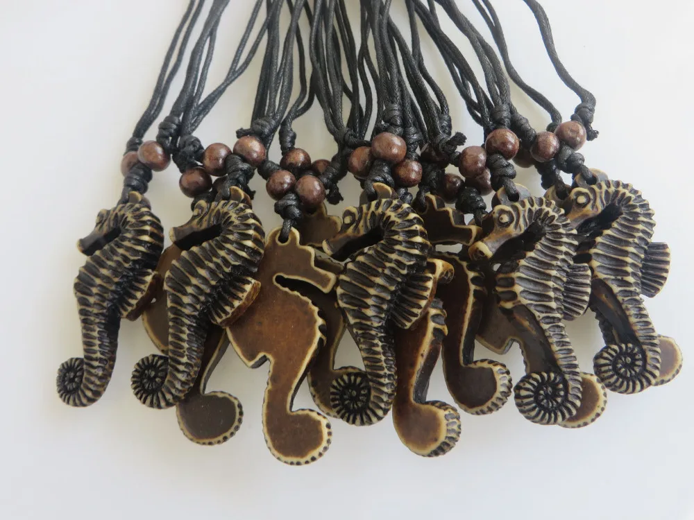 Wholesale Lot 12pcs White/Brown Tribal Yak Bone Powder Resin Carving Sea Horse Pendant Necklace
