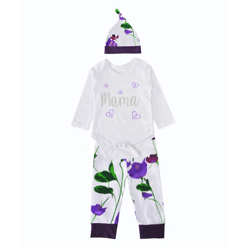 

Baby Clothing Set Flower Girls Clothes Outfits Letter Mama Heart Long Sleeve Romper+Pants+Hats/Caps 3pcs Kids Girl Clothing Sets