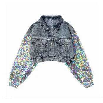 

2018 Fashion Design Punk Style Women Autumn Jacket Coat Sequins Sleeve Women Denim Short Jacket Coat Crop Tops Abrigos Mujer