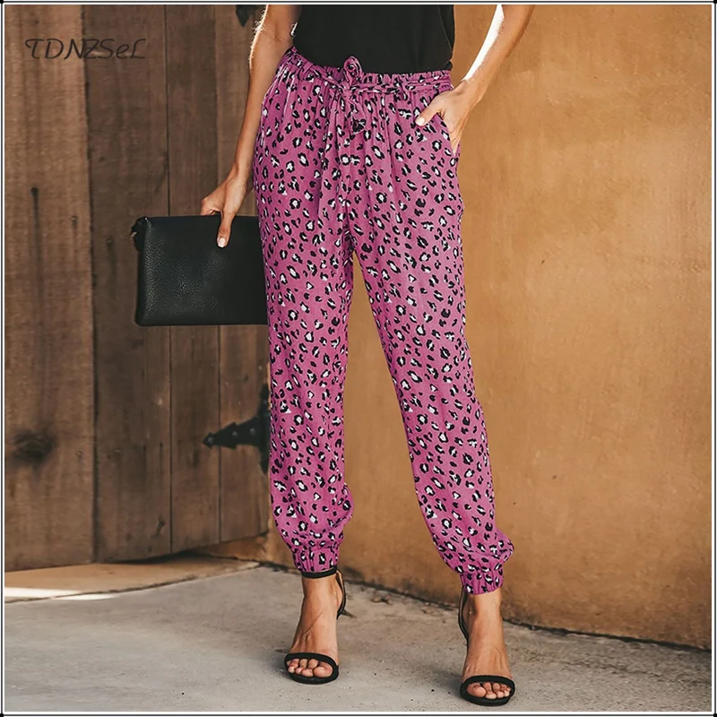 Boho печати летние свободные шнурок брюки Slackes для Для женщин Повседневное Leopard Dot Высокая талия узкие брюки Винтаж уличная 2019