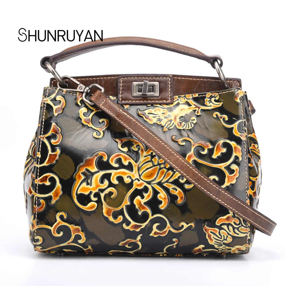 

SHUNRUYAN Women Crossbody Tote Handbag Famous brands Embossed Leather Flowers Pattern Retro Female Messenger Top Handle Bags