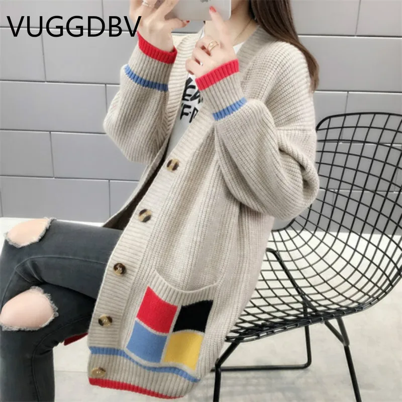 

Women's Autumn Sweaters Embroidery Knit Cardigans V-neck Single Breasted Casual Loose outerwear Sweater Fashion roupas feminina