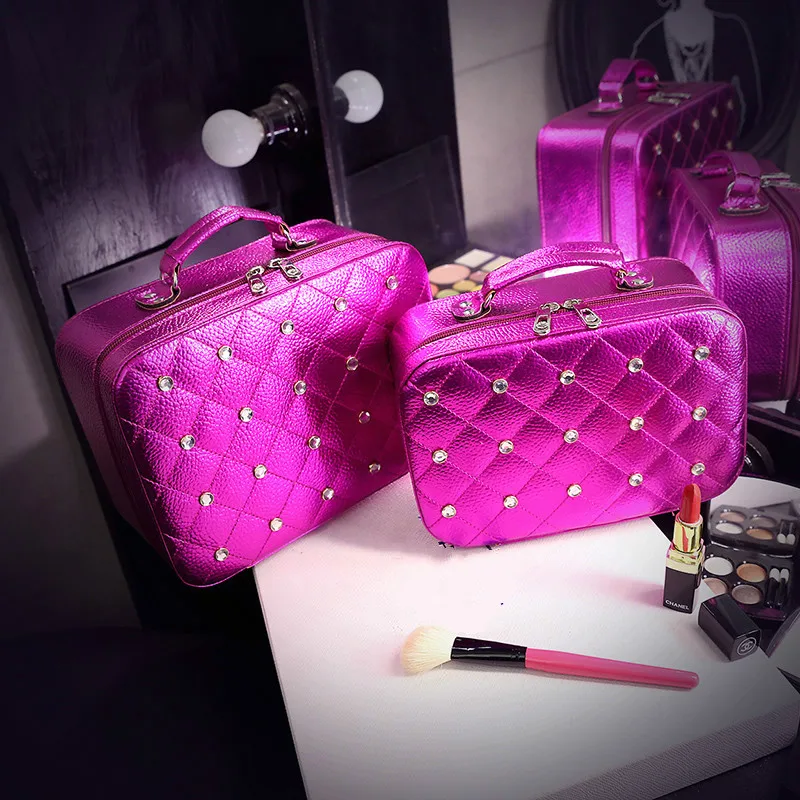 

Professional Women PU Leather Cosmetic Bag Case Stud Diamond Portable Vanity Case Female Big Capacity Makeup Storage Box 2 Size