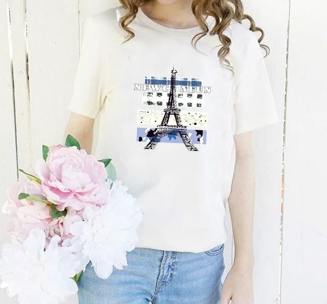 PUDO-XSX 1PCS Women Fashon T-shirt Eiffel Tower Printed Funny Tees Shirt Short Sleeve T | Женская одежда