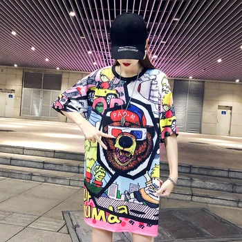 

Summer dress ladies dress 2019 new tide brand cartoon print fashion simple and comfortable 90~200 kg slim loose T-shirt skirt