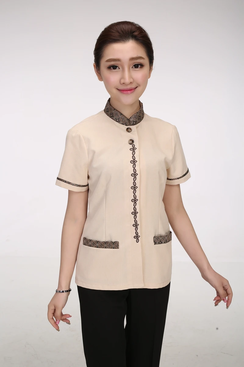 New Summer Cleaning Clean Short-sleeved Work Uniforms Linen Collar Cleaning Waiter Female Cleaning Waiter Traditional Uniforms - Цвет: 1