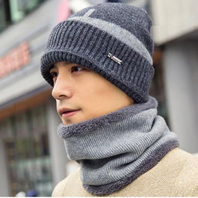 grey Зимние Skullies шапочки Для мужчин шарф вязаная шапка утепленная хеджирования Кепки Балаклава мешковатые Gorras капот унисекс шапка - Цвет: grey