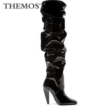 

Knee-length women's boots in autumn and winter warm short plush lining lac patent leather square high heel ladies high boots