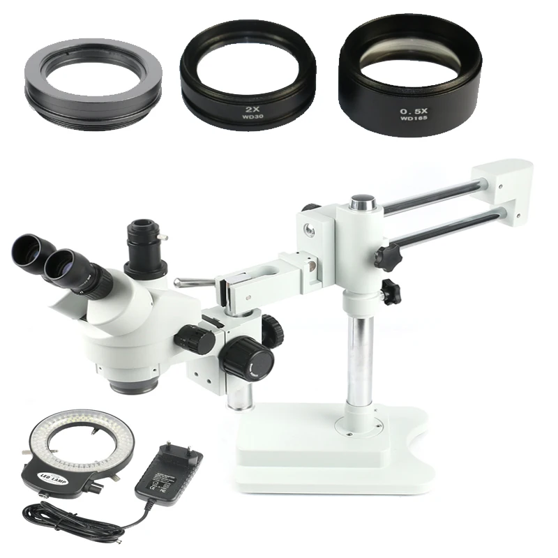 

PCB Industrial Lab Double Arm Boom Microscope 3.5X-90X Simul-focal Trinocular Stereo Microscopio+144 Led illuminator Lamp Light