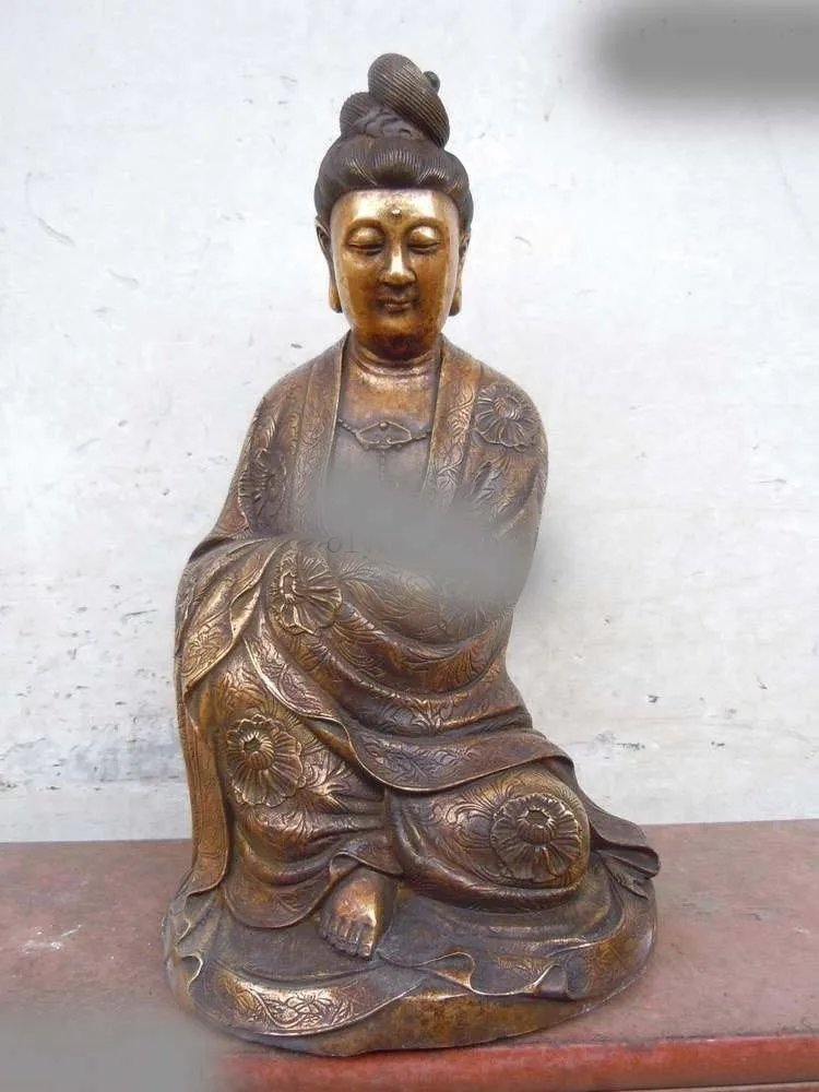 

15" China Bronze gilt carved comfortable Kwan-yin Bodhisattva Sculpture Statue