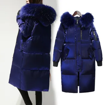

Winter Long Down Jacket For Women Large Fur Collar With Hood White Duck Down Long Parks Coat Female Slim Winter Outerwear AS076