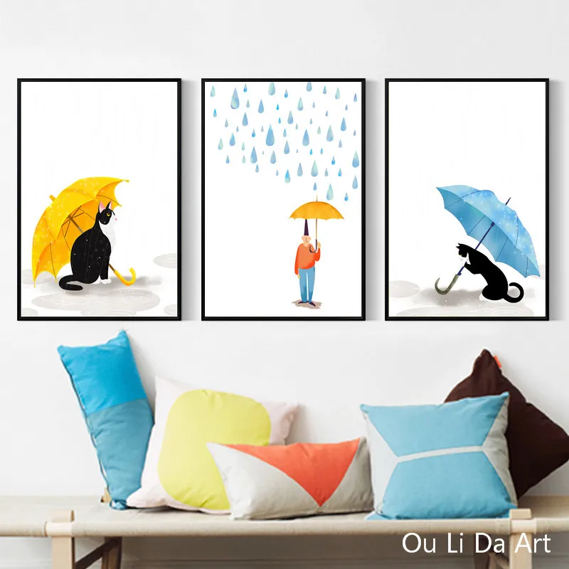 no frame lovely cartoon cat in the rain set oil painting canvas printings printed on home wall art decoration picture | Дом и сад
