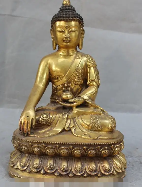 

S6964 14" Tibet Buddhism Monastery Bronze Gilt Sakyamuni Amitabha Buddha & Bowl Statue D0318