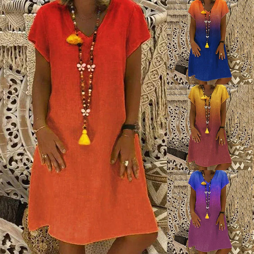 

Plus Size Dress Summer Women's Sexy Dress Fashion Short Sleeve V-Neck Gradient Loose Dress 2019 Gradient dress vestido#G20