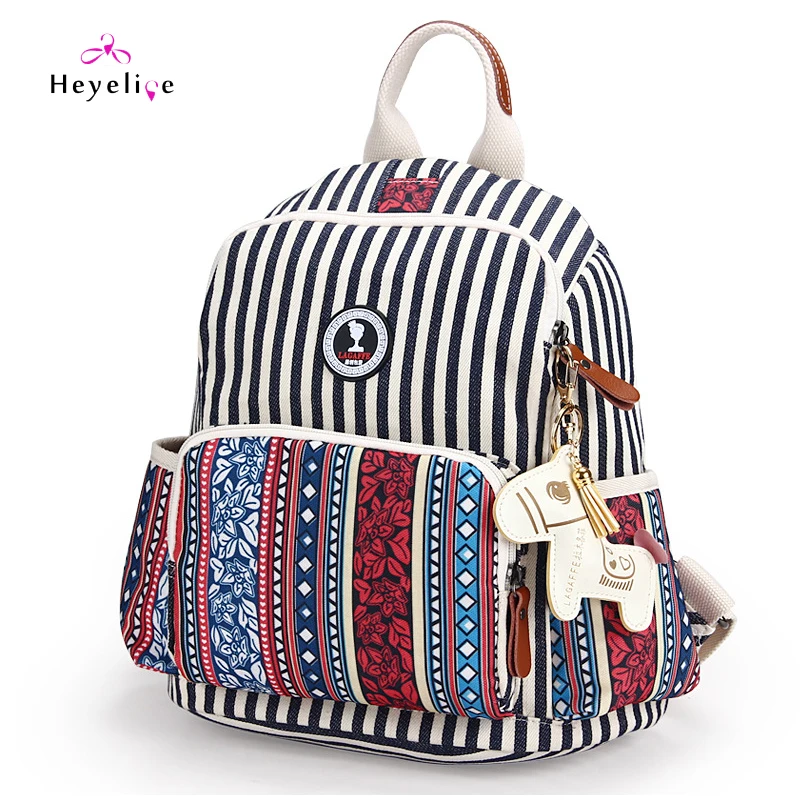 Canvas Backpack Diaper Bag Print + Striped Patchwork Functionary Nappy Bag Large Diaper Backpack ...