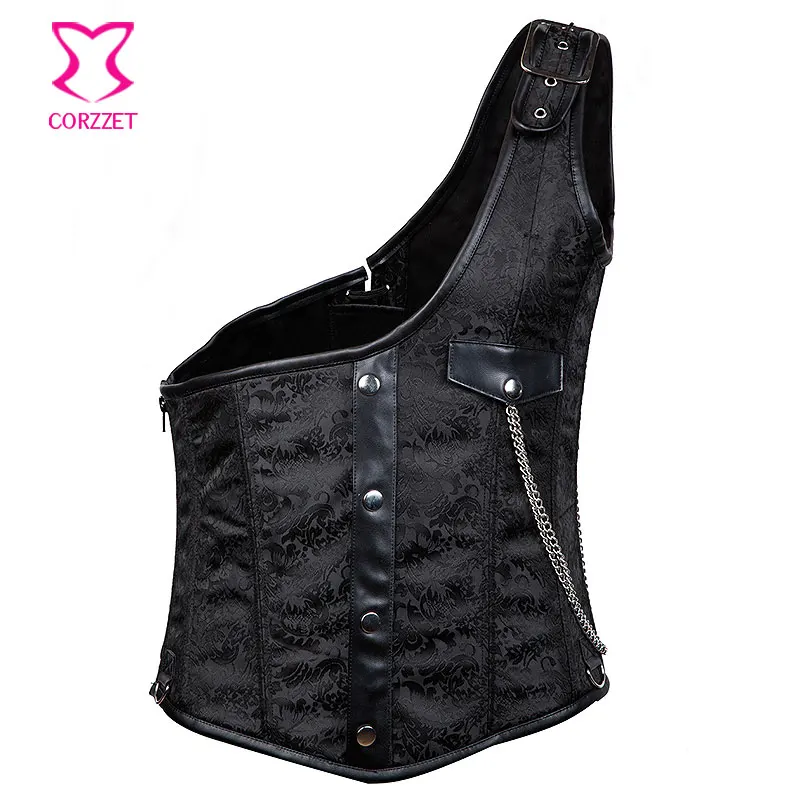 

Black Brocade Buckled One-Shoulder Colete Steel Boned Steampunk Corset Vest Men Waistcoats Gothic Jacket Vintage Chaleco Hombre