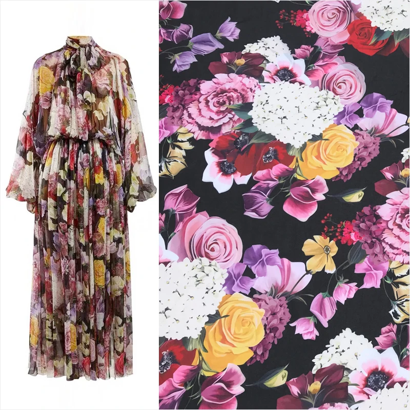 

145cm Width Hydrangeas and Flowers Black Transparent Polyester Chiffon Fabric for Woman Summer Dresses Blouse Sewing-AF992