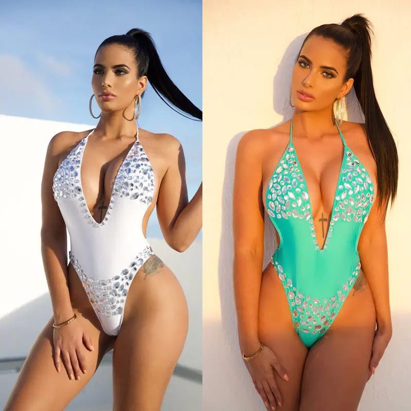 Summer Sexy Women's One Piece Deep V-Neck Rhinestone Monokini Swimsuit High Waisted Bathing Suits Swimwear Female Sexy Beachwear