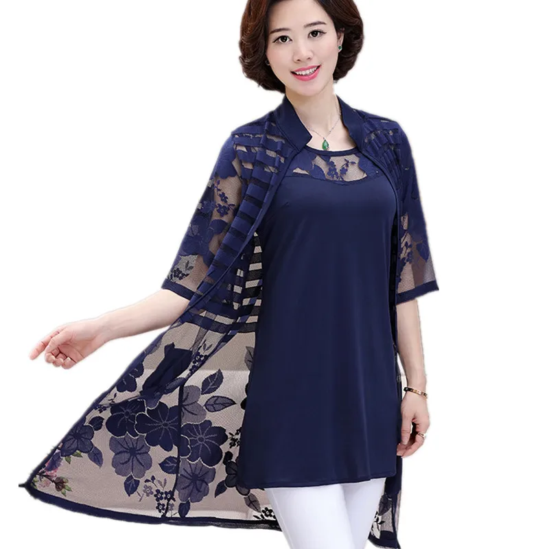 

Mother Spring Two-piece Sets Long Shirt Middle-aged Women's Short Sleeve Summer Cardigan Hollow Out Plus Size XL-5XL
